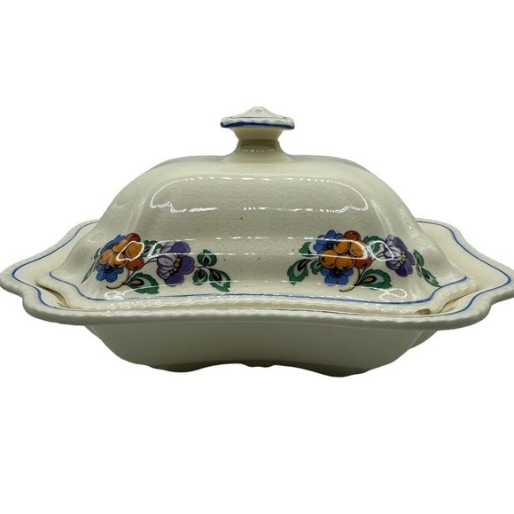Vintage‎ Steubenville Ivory Floral Vegetable Serving Bowl and Matching Lid - Picture 1 of 14